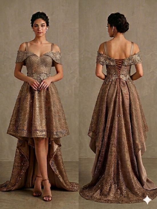 Dresses & Skirts - Off-Shoulder Metallic Bronze High-Low Cocktail Dress